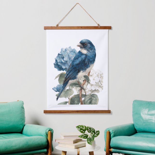 Blue Bird Hydrangeas Watercolor Florals Flowers Hanging Tapestry (Living Room)