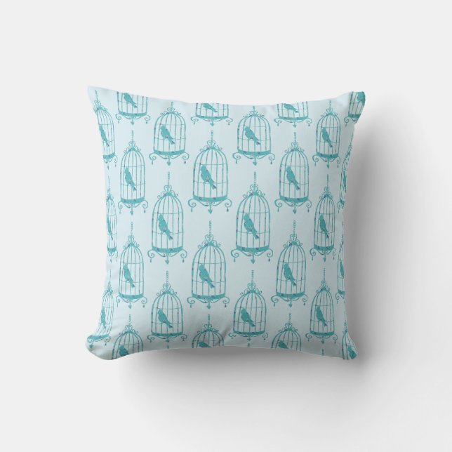 Blue Bird in Birdcage Decorative Pattern Throw Pillow (Front)