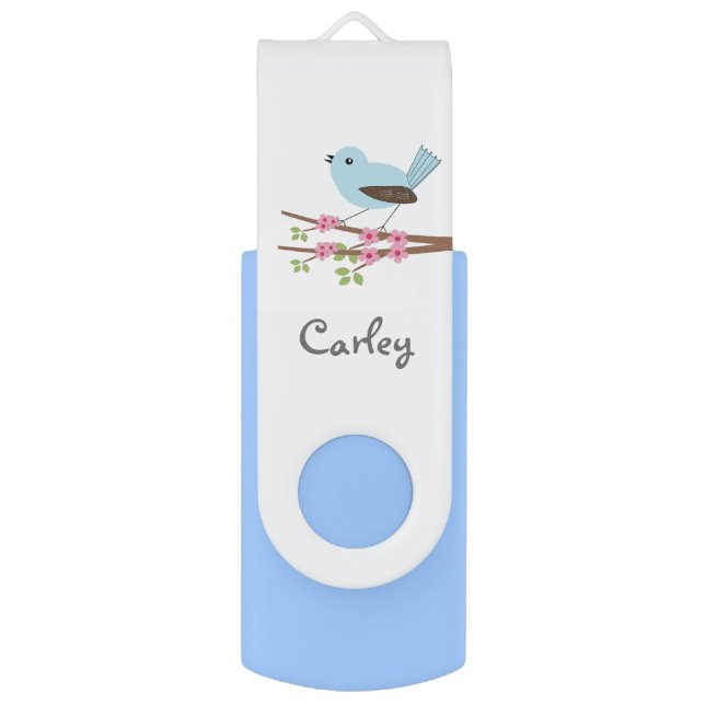 Blue Bird in Blossom Tree Cute Personalised Flash Drive (Front Vertical)