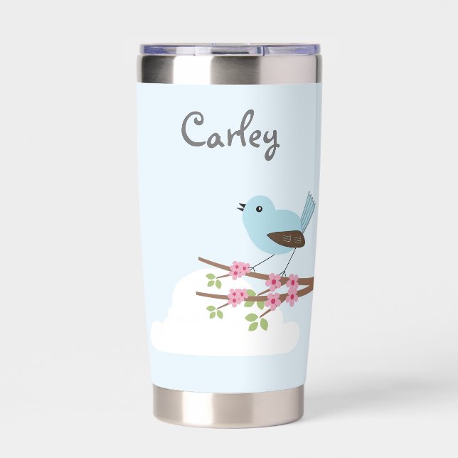Blue Bird in Blossom Tree Cute Personalised Insulated Tumbler (Front)