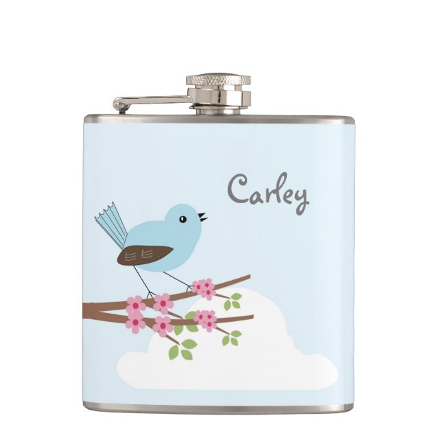 Blue Bird in Blossom Tree Hip Flask (Front)