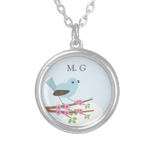 Blue Bird in Blossom Tree Monogram Silver Plated Necklace