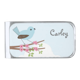 Blue Bird in Blossom Tree Personalised Cute Silver Finish Money Clip