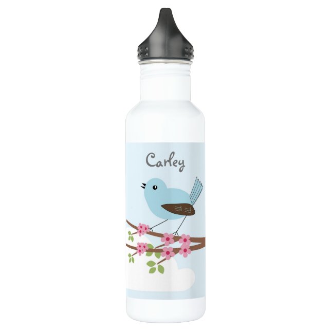 Blue Bird in Blossom Tree Personalised Stainless Steel Water Bottle (Left)