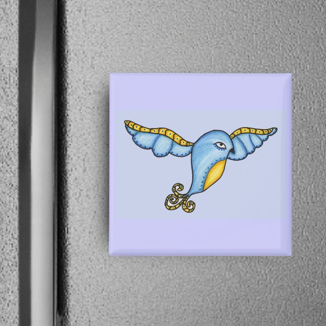 Blue Bird In Flight Magnet (Flying fantasy bluebird with yellow scrolled tail on blue square magnet.)