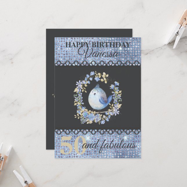 Blue bird in floral wreath custom birthday card (Front/Back In Situ)