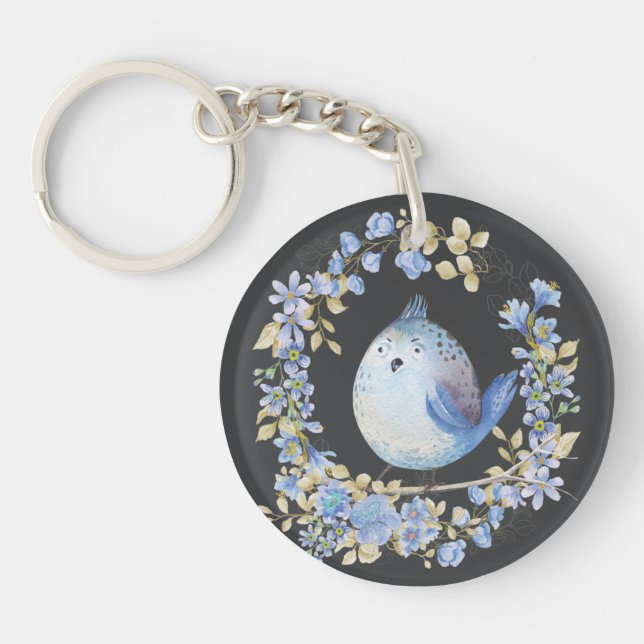 Blue bird in floral wreath keychain (Front)