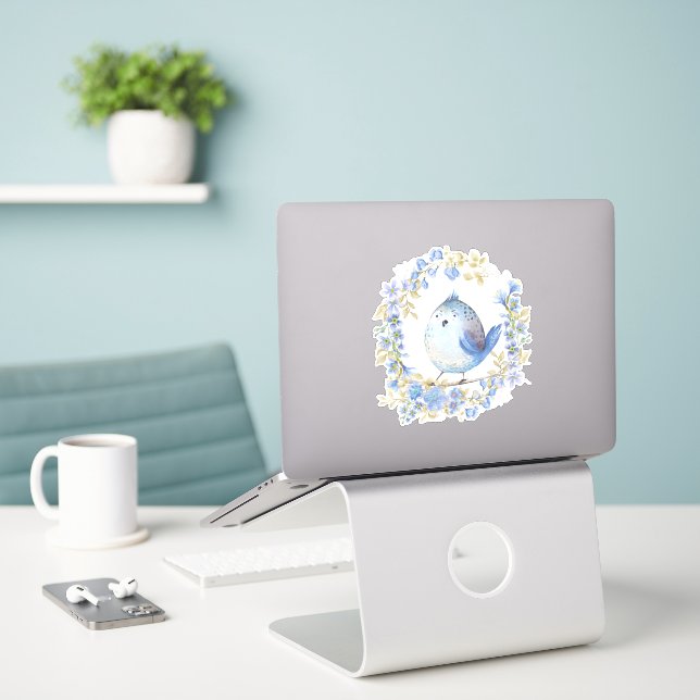 Blue bird in floral wreath sticker (Laptop On Desk)