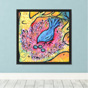 Blue Bird in Nest with Eggs Canvas Print