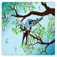 Blue Bird in Trees Blue Sky Square Wall Clock