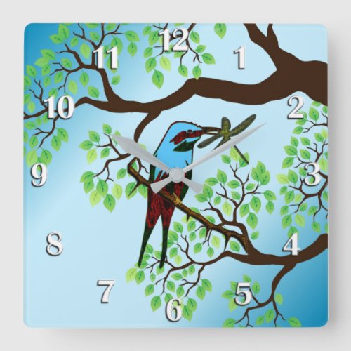 Blue Bird in Trees Blue Sky Square Wall Clock