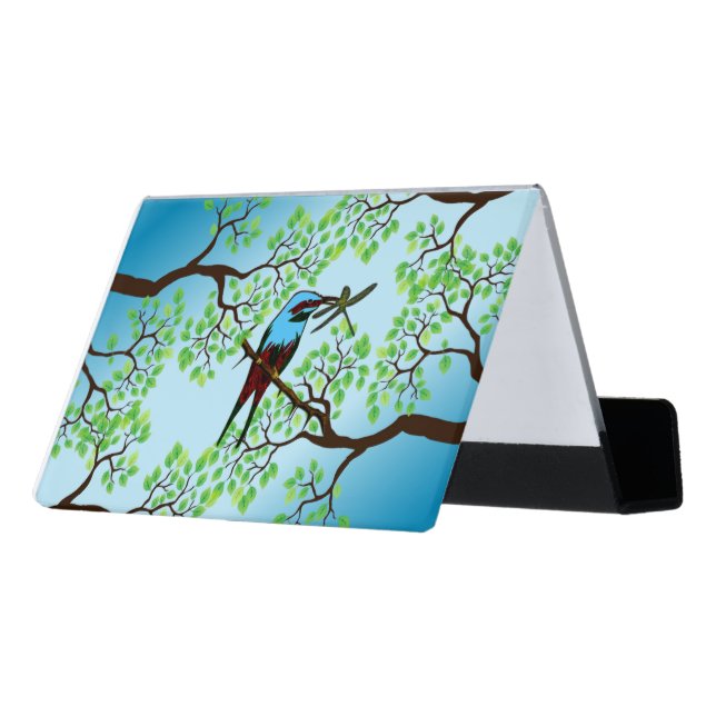 Blue Bird in Trees Desk Business Card Holder (Angled Back)