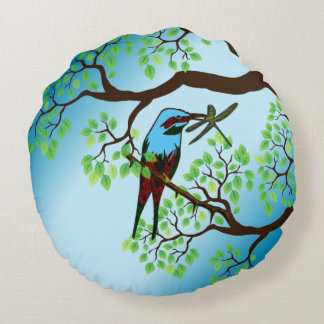 Blue Bird in Trees Round Pillow