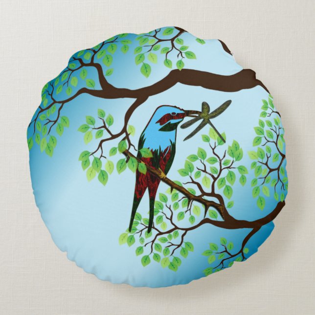 Blue Bird in Trees Round Pillow (Back)