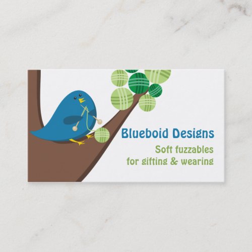 Blue bird knitting needles balls of yarn tree business card