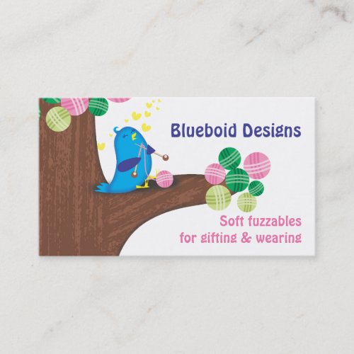 Blue bird knitting needles balls of yarn tree business card