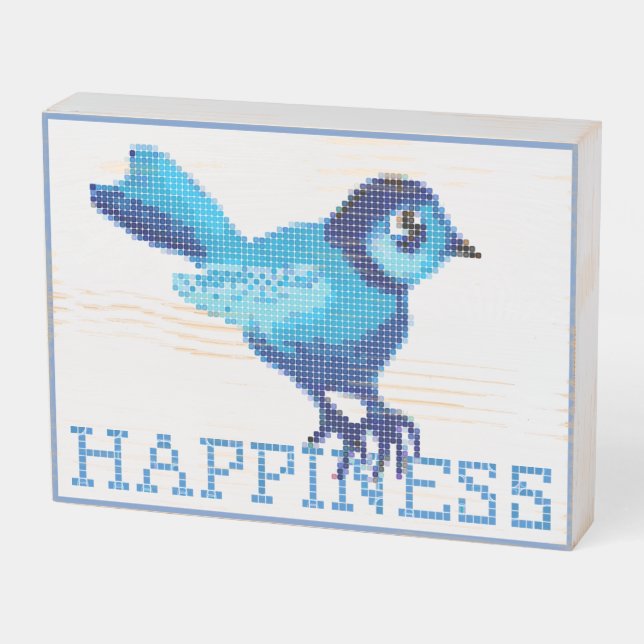 Blue bird of happiness folk art wooden box sign (Angled Horizontal)