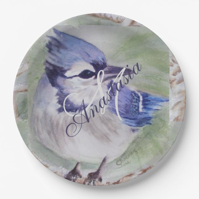 BLUE BIRD OF HAPPINESS MONOGRAM PARTY PAPER PLATES (Front)