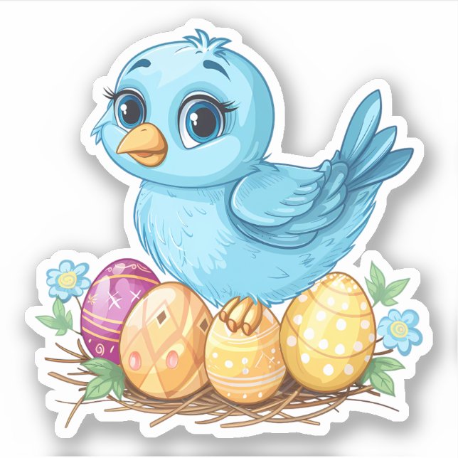 Blue Bird on a Nest with Easter Eggs Sticker (Front)