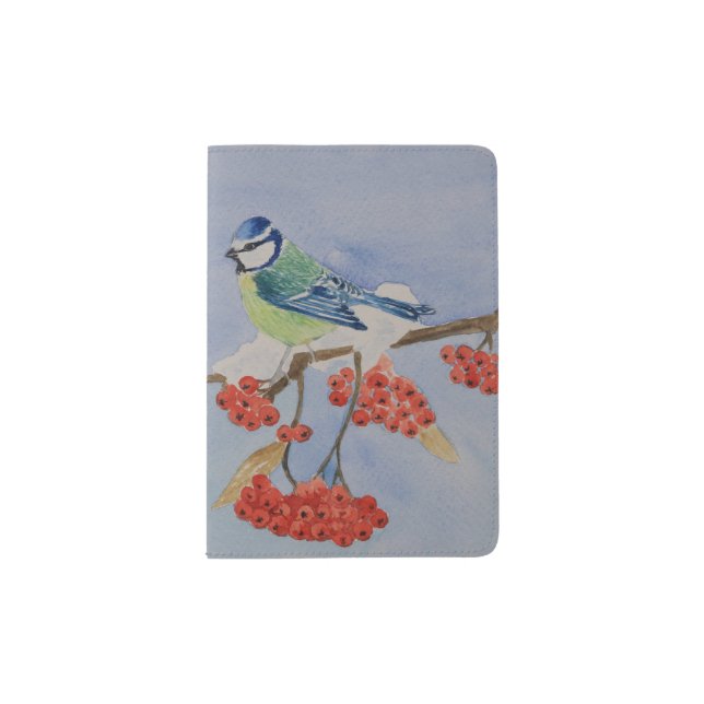Blue bird on a rowan tree branch passport holder (Front)