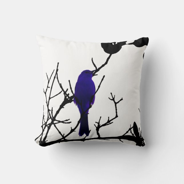 Blue bird on black tree throw pillow (Front)
