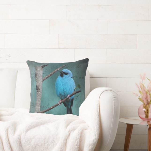 Blue Bird on Branch Mixed Media Throw Pillow (Couch)