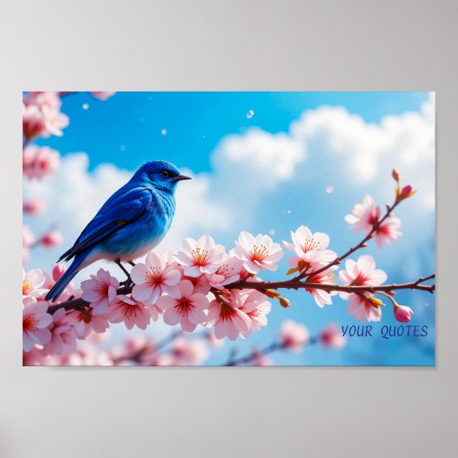 Blue Bird on Cherry Blossom Branch Poster (Front)