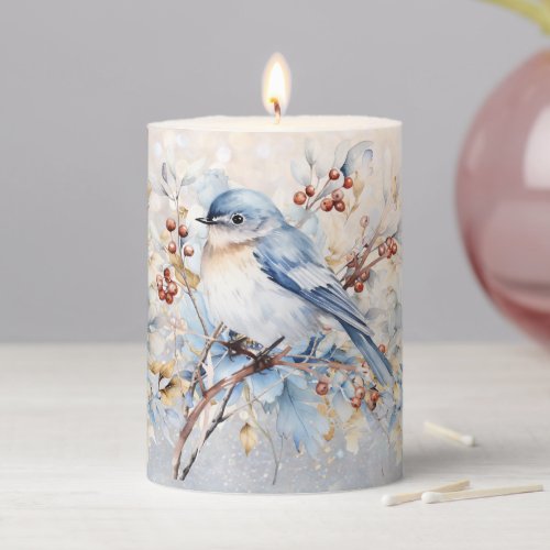 Blue Bird on Floral Pillar Candle