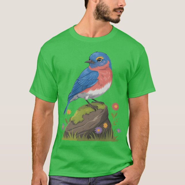 Blue Bird On Rock With Flowers friends T-Shirt (Front)