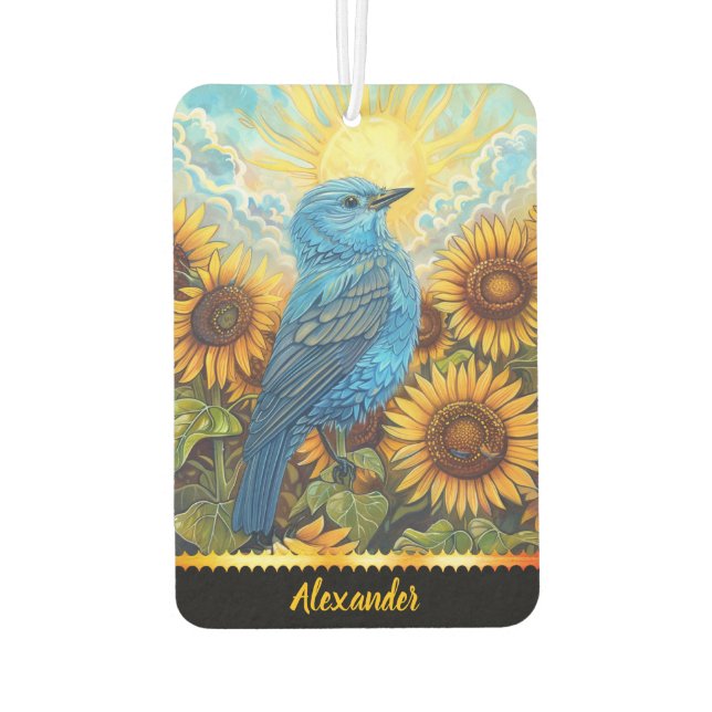 Blue bird on sunflowers at sunrise air freshener (Back)