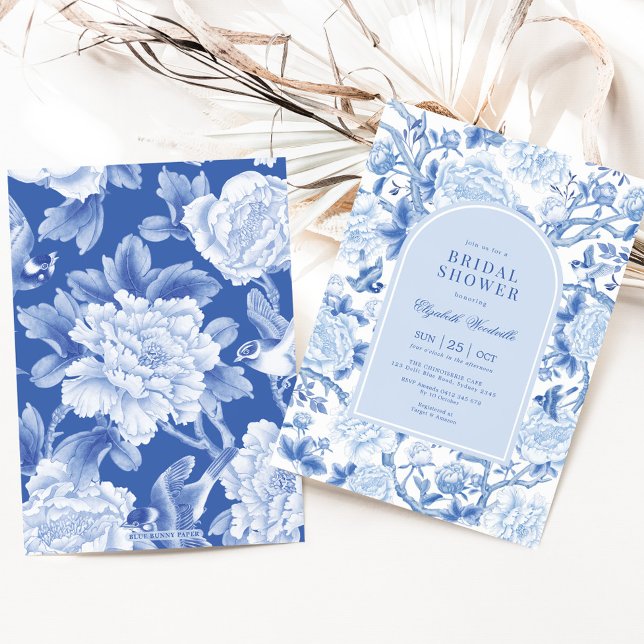 Blue Bird Peony Chinoiserie Garden Bridal Shower Invitation (Creator Uploaded)