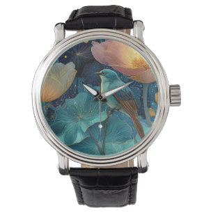 Blue Bird Perched Amidst Glowing Flowers Watch