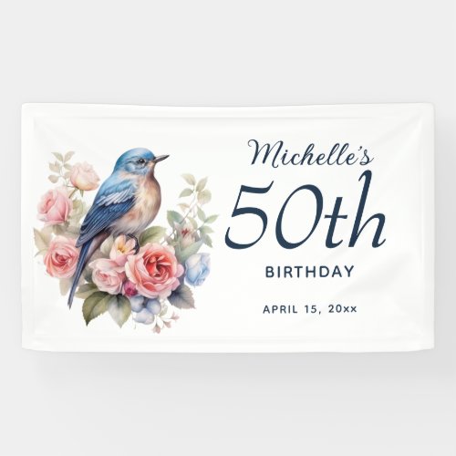 Blue Bird Pink Floral 50th Birthday  Banner
