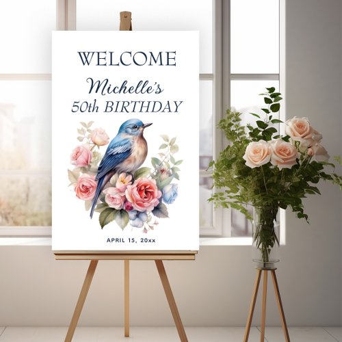 Blue Bird Pink Floral 50th Birthday Welcome Foam Board