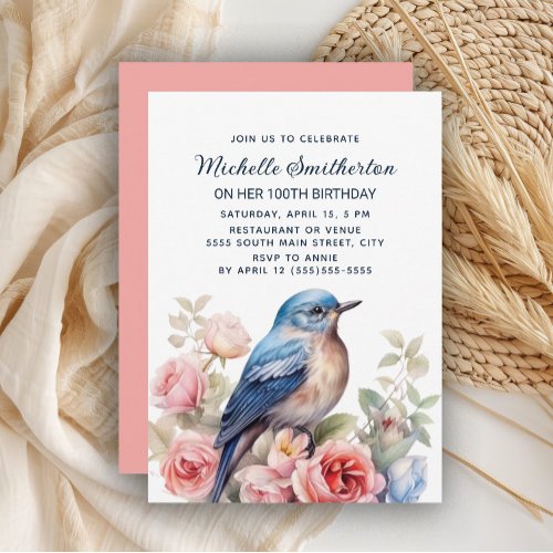 Blue Bird Pink Flowers 100th Birthday Invitation