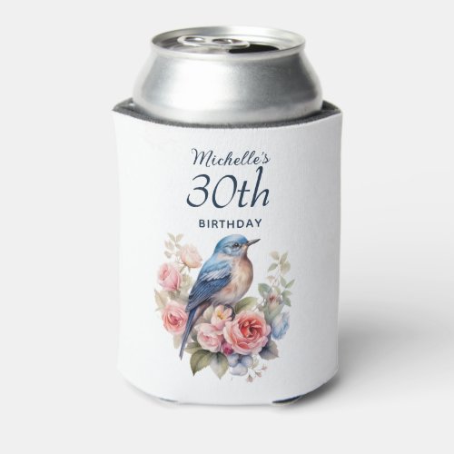 Blue Bird Pink Flowers 30th Birthday Can Cooler