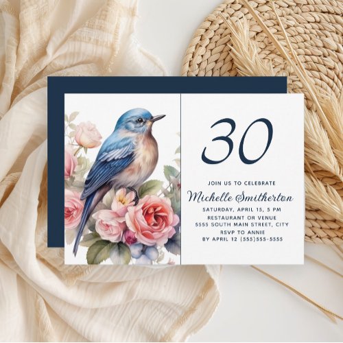 Blue Bird Pink Flowers 30th Birthday Invitation