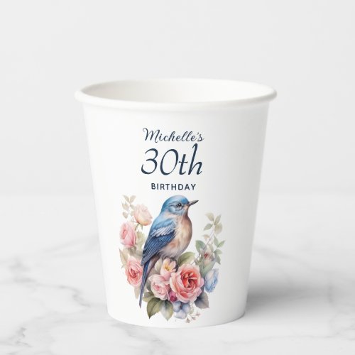 Blue Bird Pink Flowers 30th Birthday Paper Cups