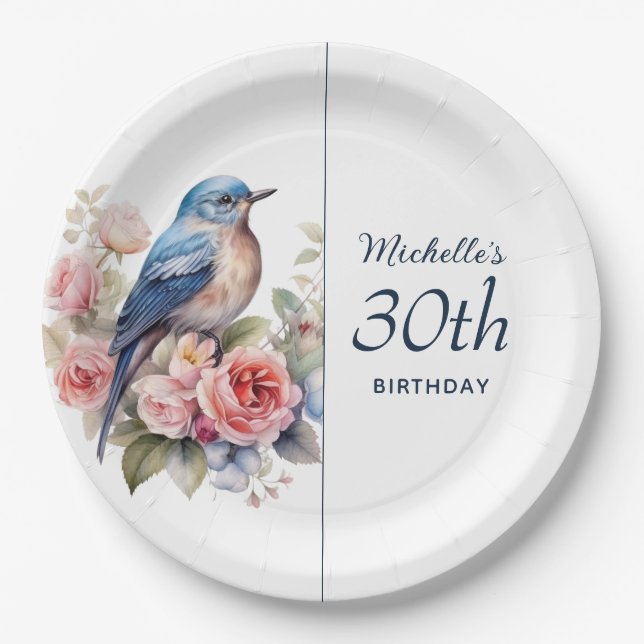 Blue Bird Pink Flowers 30th Birthday Paper Plates (Front)