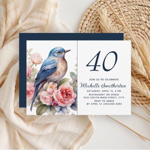 Blue Bird Pink Flowers 40th Birthday Invitation