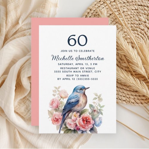 Blue Bird Pink Flowers 60th Birthday Invitation