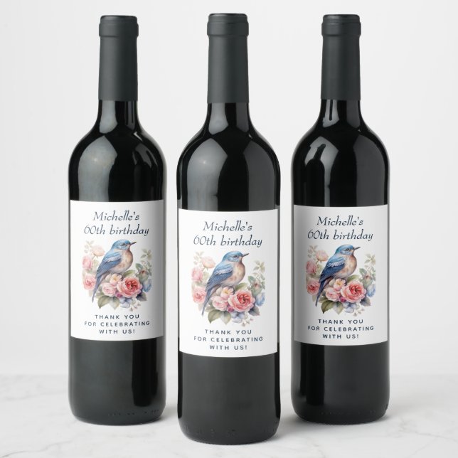 Blue Bird Pink Flowers 60th Birthday Wine Label (Bottles)