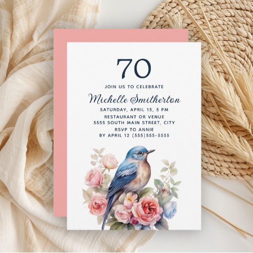 Blue Bird Pink Flowers 70th Birthday Invitation