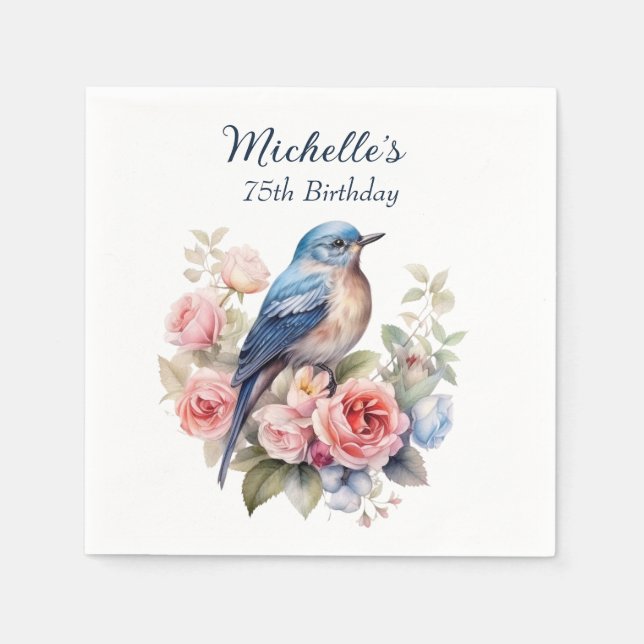 Blue Bird Pink Flowers 75th Birthday Napkins (Front)