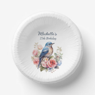 Blue Bird Pink Flowers 75th Birthday Paper Bowls
