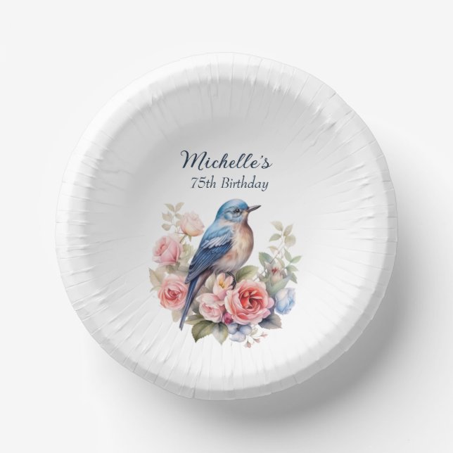 Blue Bird Pink Flowers 75th Birthday Paper Bowls (Front)