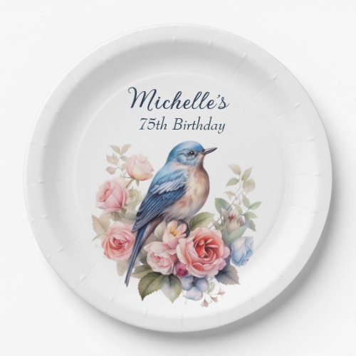 Blue Bird Pink Flowers 75th Birthday Paper Plates