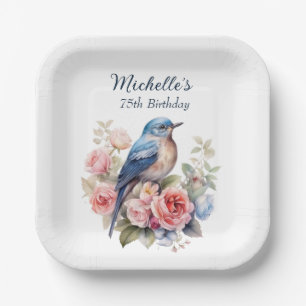 Blue Bird Pink Flowers 75th Birthday Paper Plates
