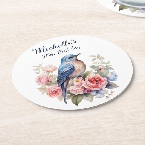 Blue Bird Pink Flowers 75th Birthday Round Paper Coaster
