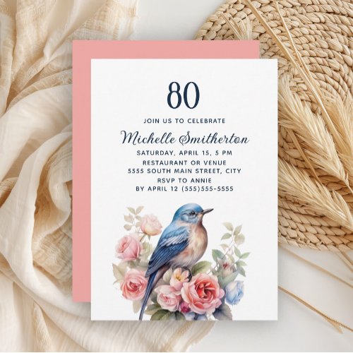 Blue Bird Pink Flowers 80th Birthday Invitation